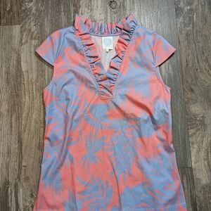Devon Baer women's size M top V-Neck ruffle pink and blue floral pattern